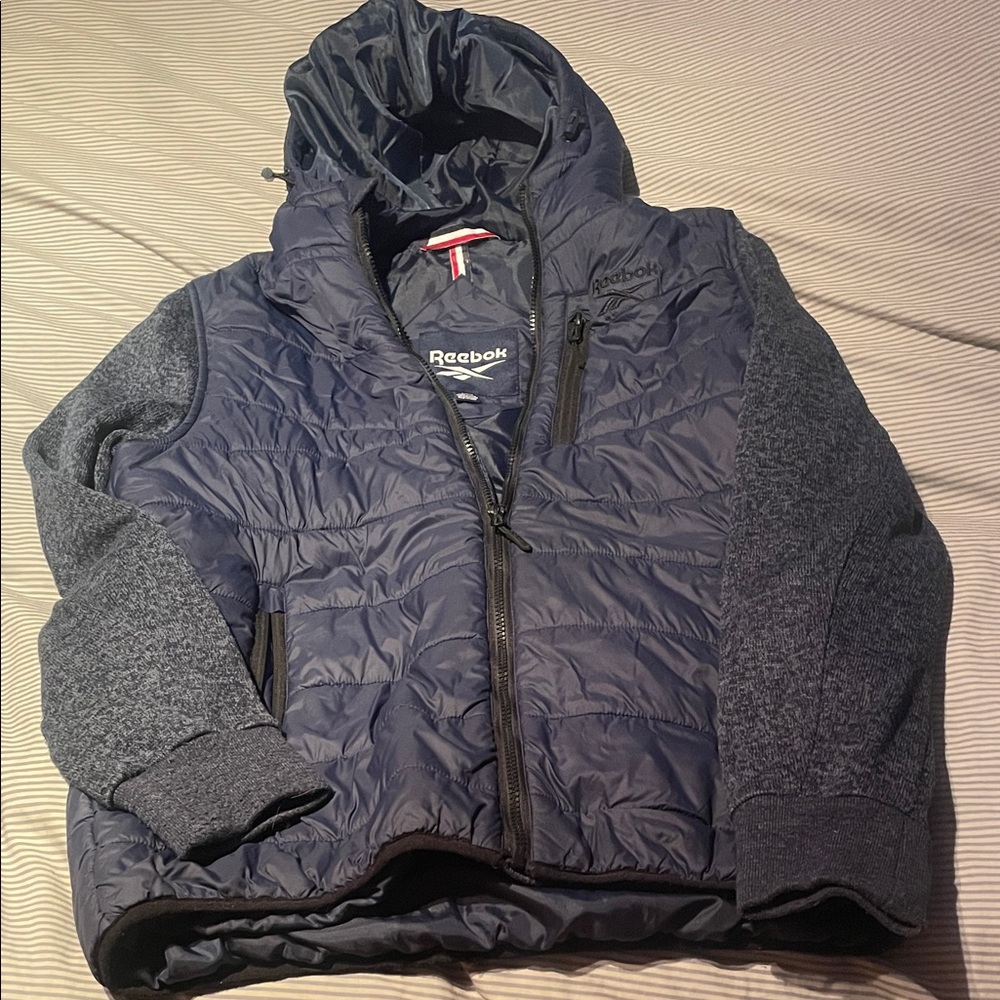 Mens Rebook Dark Blue Quilted Hoodie Jacket